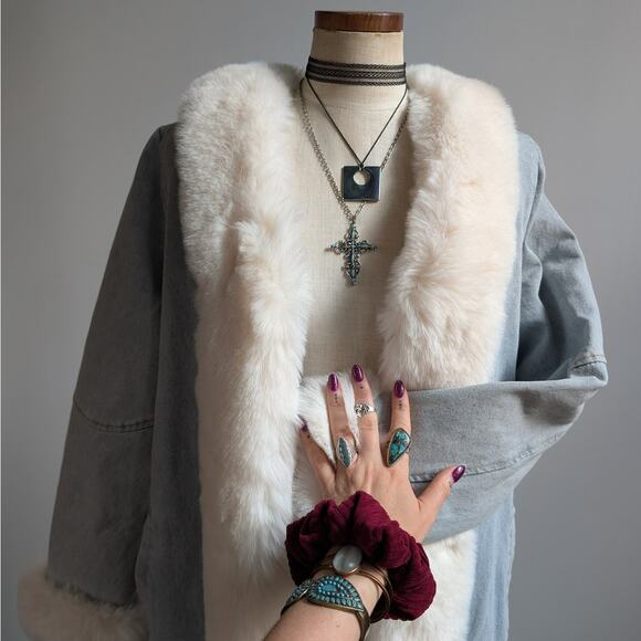 Y2K Faux Fur Penny Lane Afghan Coat Denim Trench Coat 90s Boho Jean Jacket Med - Picture 3 of 8